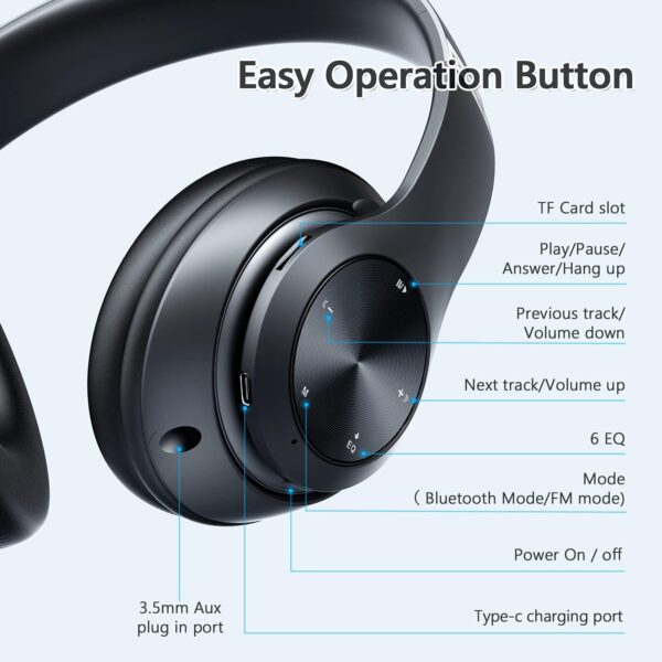 Bluetooth Headphones Over Ear, 60 Hours Playtime Foldable Headphones Wireless Bluetooth Hi-Fi Stereo Deep Bass with 6 EQ Modes, Adjustable Lightweight Headset with Microphone, FM, SD/TF for Adults - Image 5