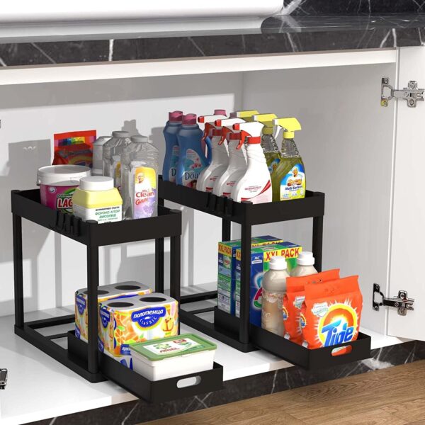 2PC Under Sink Organizer Rack 2 Tier Under Sliding Cabinet Basket Organizer Drawer with 4 Hooks, Multi-purpose Under Sink Storage for Bathroom Kitchen Desktop（Black） - Image 7