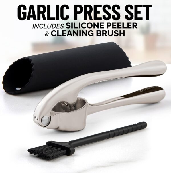 Zulay Kitchen Premium Garlic Press Set - Rust Proof & Dishwasher Safe Professional Garlic Mincer Tool - Easy-Squeeze, Easy-Clean with Soft, Ergonomic Handle - Silicone Garlic Peeler & Brush (Silver) - Image 11