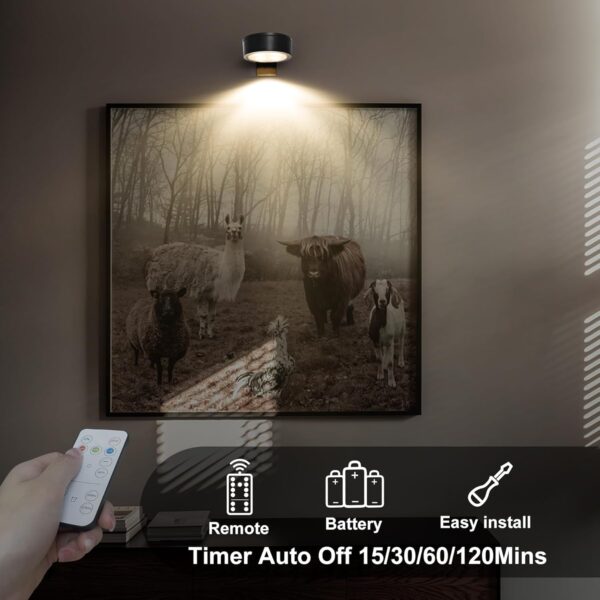 3-Pack Battery Operated Picture Light Magnetic Painting Light with 3 Lighting Modes,Remote and Dimmable Timer Art Display Light for Picture Artworking Frame Portrait,Wireless Wall Decor Puck Lights - Image 4