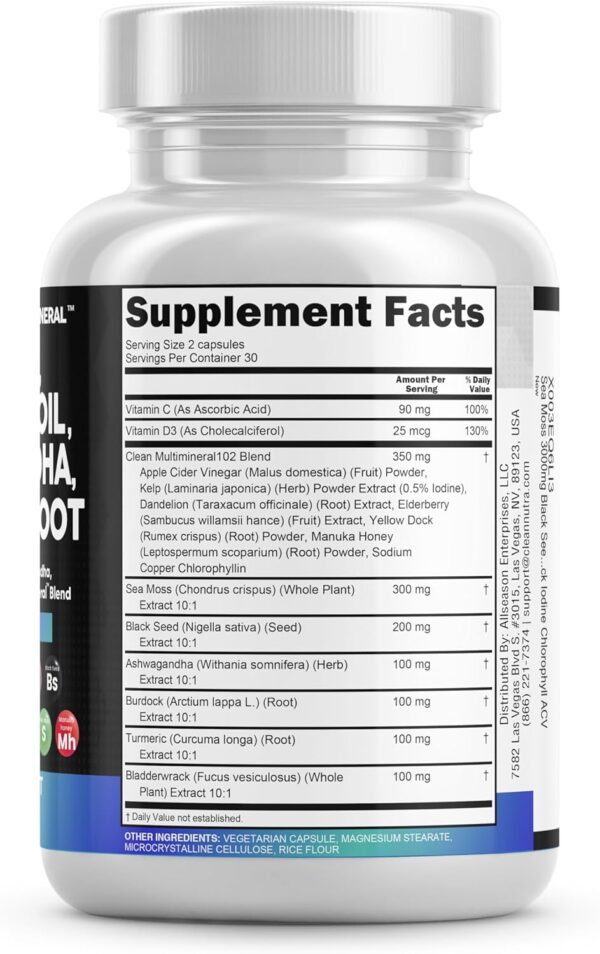 Sea Moss 3000mg Black Seed Oil 2000mg Ashwagandha 1000mg Turmeric 1000mg Bladderwrack 1000mg Burdock 1000mg & Vitamin C & D3 with Elderberry Manuka Dandelion Yellow Dock Iodine Chlorophyll ACV - Image 4