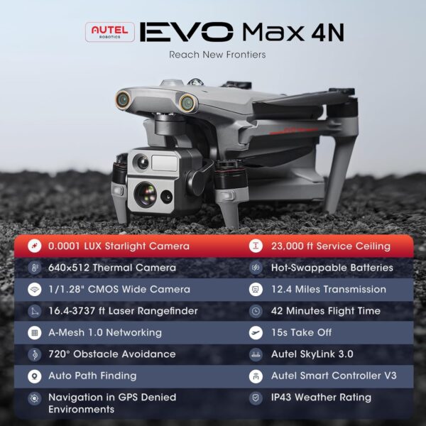 Autel Robotics EVO MAX 4N Drone, Starlight Night-Vision/Wide/Thermal/L~aser 4 Cameras in One UAV, A-Mesh 1.0, 720° Obstacle Avoidance, Triple Anti-Jamming, Hot-Swappable, 42 Mins, IP43, Autel SDK - Image 2