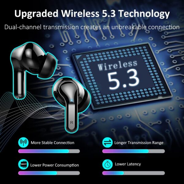 Wireless Earbud, Bluetooth Headphones 5.3 NEW 40H Ear Buds Bass Stereo Earphones Noise Cancelling Earbud with 4 ENC Mic in-Ear Bluetooth Earbud USB-C LED Display IP7 Waterproof Sport for Android iOS - Image 2