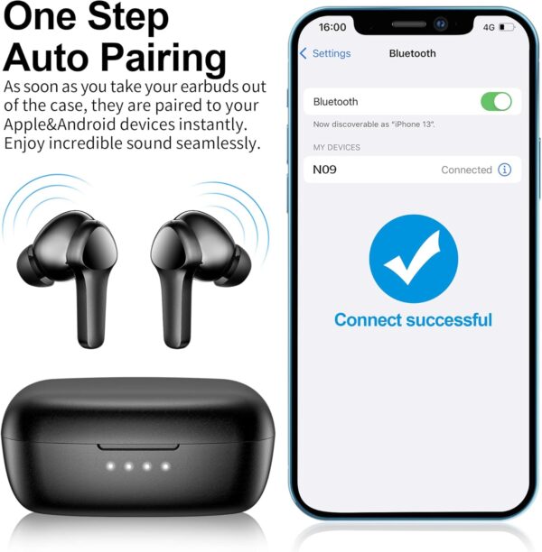 Wireless Earbuds,Bluetooth 5.3 Ear buds Immersive Sound Hi-Fi Stereo IPX8 Waterproof Headsets Premium Deep Bass Headphones with 4 Mics Call Noise Cancelling Earphones for iOS,Android,Workout - Black - Image 5