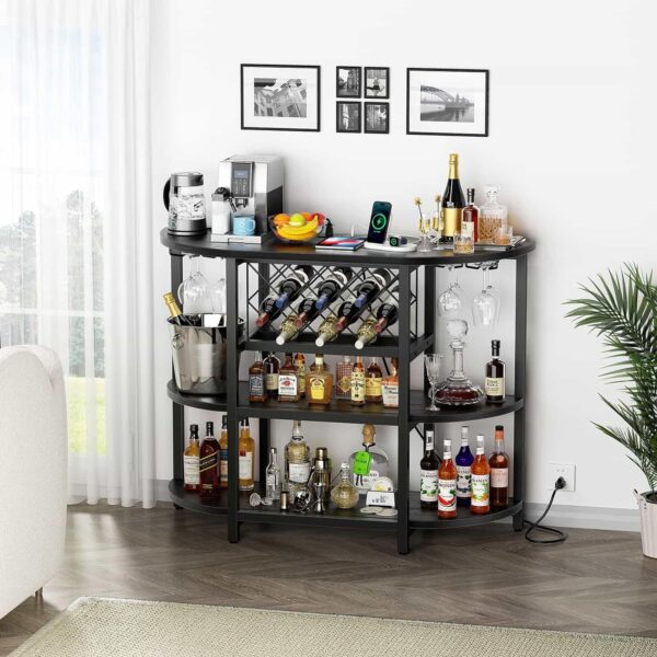 Zarler Bar Table Cabinet with Power Outlet, LED Home Mini Bar Cabinet for Liquor, Metal Wine Bar Stand with 4-Tier Storage, Easy to Assemble, Black - Image 7