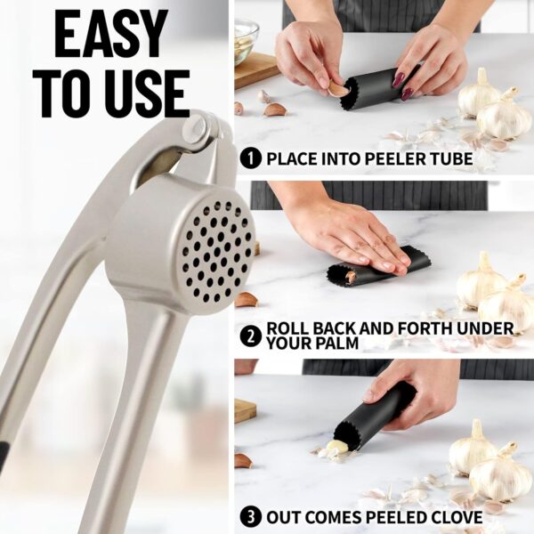 Zulay Kitchen Premium Garlic Press Set - Rust Proof & Dishwasher Safe Professional Garlic Mincer Tool - Easy-Squeeze, Easy-Clean with Soft, Ergonomic Handle - Silicone Garlic Peeler & Brush (Silver) - Image 6