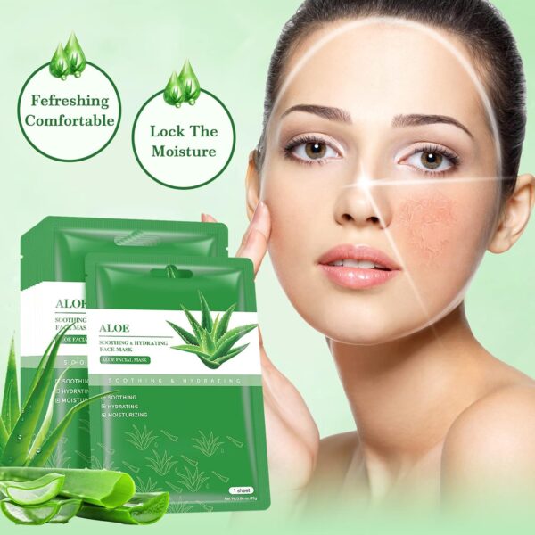 Aloe Vera Soothing Mask Hydrating Face Masks Skincare Moisturizing Facial Sheet Mask Skin care for Dry, Oily, Sensitive Skin Face Mask for Acne, Sun Care, Calming, 25ml/0.88oz, Pack of 10 - Image 7