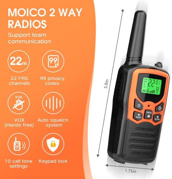 Walkie Talkies, MOICO Long Range Walkie Talkies for Adults with 22 FRS Channels, Family Walkie Talkie with LED Flashlight VOX LCD Display for Hiking Camping Trip (Orange 2 Pack) - Image 2