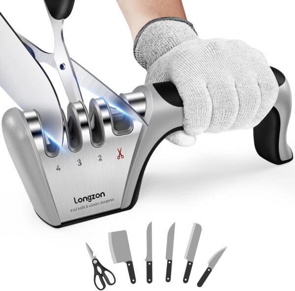 4-in-1 Knife Sharpener [4 stage] with a Pair of Cut-Resistant Glove, Original Premium Polish Blades, Best Kitchen Knife Sharpener Really Works for Fruit Knife and Steel Knives, Scissors.