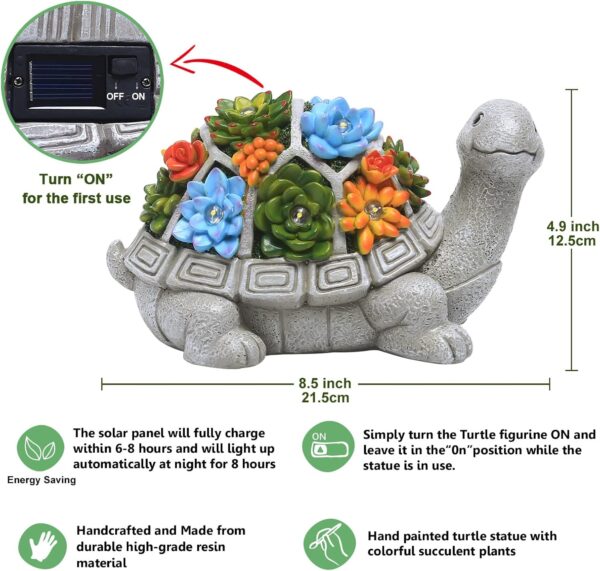 Nacome Solar Garden Outdoor Statues Turtle with Succulent and 7 LED Lights - Lawn Decor Tortoise Statue for Patio, Balcony, Yard Ornament - Unique Housewarming Gifts - Image 4