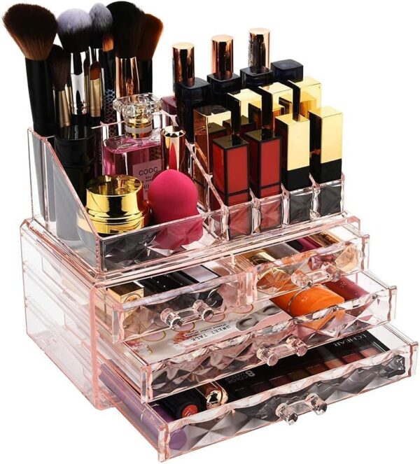 ZHIAI Makeup Organizer, Makeup Storage Organizer with Drawers, Easy Storage for Beauty Products Brushes 14 lipstick Compartments Cosmetic Display Cases for Dressers, Bathrooms and Jewelry Organizers - Image 2