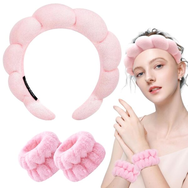 Zkptops Spa Headband for Washing Face Wristband Sponge Makeup Skincare Headband Terry Cloth Bubble Soft Get Ready Hairband for Women Girl Puffy Padded Headwear Non Slip Thick Hair Accessory(Pink) - Image 8