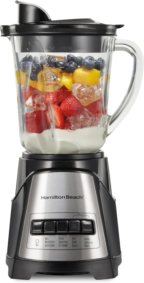 Hamilton Beach Power Elite Wave Action Blender For Shakes and Smoothies, 40 Oz Glass Jar, 12 Functions Including Puree, Crush Ice, Stainless Steel Ice Sabre Blades, 700 Watts, Black (58148A)