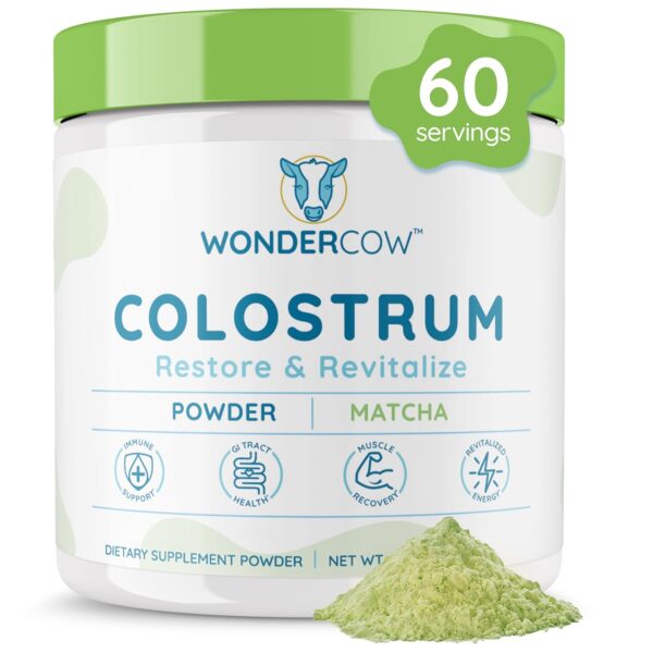 WONDERCOW Colostrum Supplement Powder for Gut Health, Immune Support, Muscle Recovery & Wellness | Natural IgG Pure Whole Bovine Colostrum Superfood, Matcha, 60 Servings