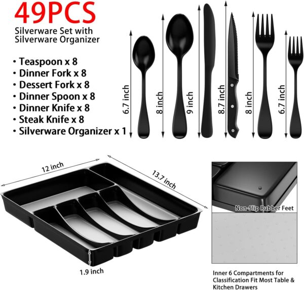 49-Piece Black Silverware Set with Drawer Organizer, Stainless Steel Cutlery for 8 with Matte Steak Knives, Forks, Spoons - Dishwasher Safe - Image 2