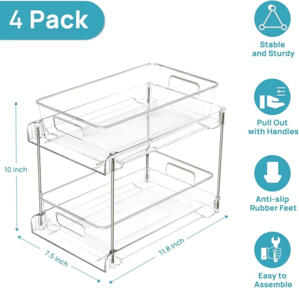 2 Tier Bathroom Storage Organizer, Vtopmart 4 Pack Clear Under Sink Organizers Vanity Counter Storage Container, Medicine Cabinet Drawers Bins, Pull-Out Organization with Track for Pantry, Kitchen - Image 2