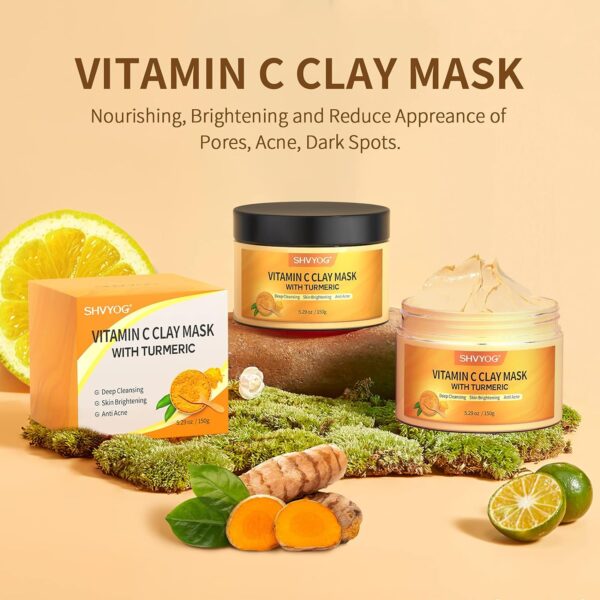 Vitamin C Face Mask with Kaolin Clay and Turmeric for Dark Spots, Dull Skin, Skincare Facial Mask for Controlling Oil and Refining Pores 5.29 Oz - Image 3