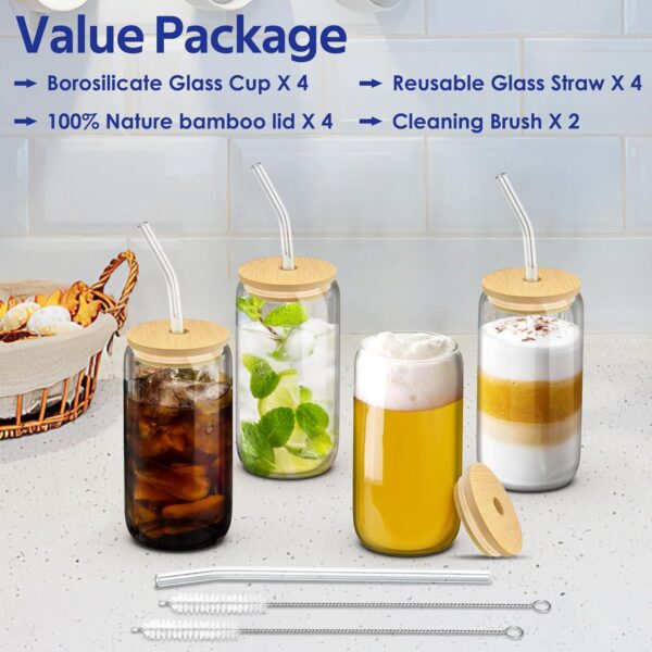 4 Set Glass Cups with Lids and Straws 16 oz, Glasses Drinking Set, Iced Coffee Cup with Bamboo Lids, Drinking Glasses Tumbler with Straw and Lid, Glass Can Coffee Cups, Drinking Glassware, 2 Brushes - Image 5