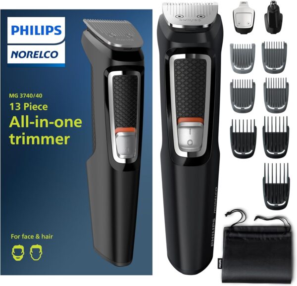 Norelco Philips Multi Groomer All-in-One Trimmer Series 3000-13 Piece Mens Grooming Kit for Beard, Face, Nose, Ear Hair Trimmer and Hair Clipper - NO Blade Oil Needed, MG3740/40