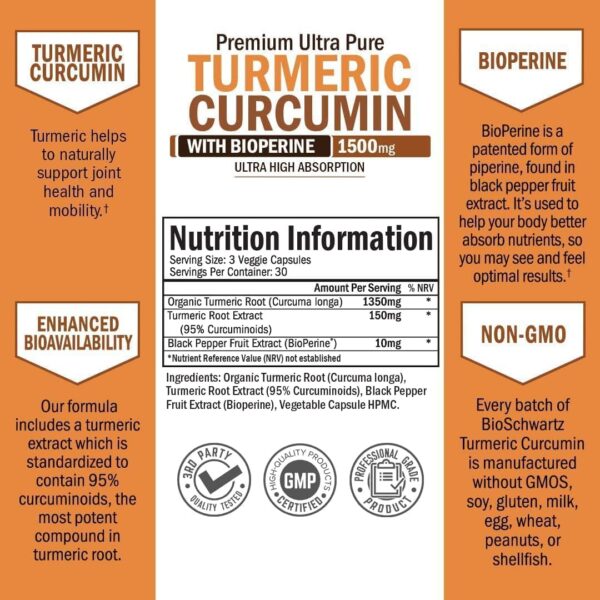 Turmeric Curcumin with Black Pepper Extract 1500mg - High Absorption Ultra Potent Turmeric Supplement with 95% Curcuminoids and BioPerine - Non GMO Turmeric Capsules for Joint Support - 90 Capsules - Image 3