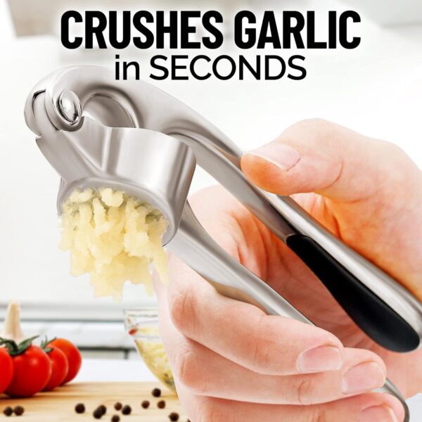 Zulay Kitchen Premium Garlic Press Set - Rust Proof & Dishwasher Safe Professional Garlic Mincer Tool - Easy-Squeeze, Easy-Clean with Soft, Ergonomic Handle - Silicone Garlic Peeler & Brush (Silver) - Image 4