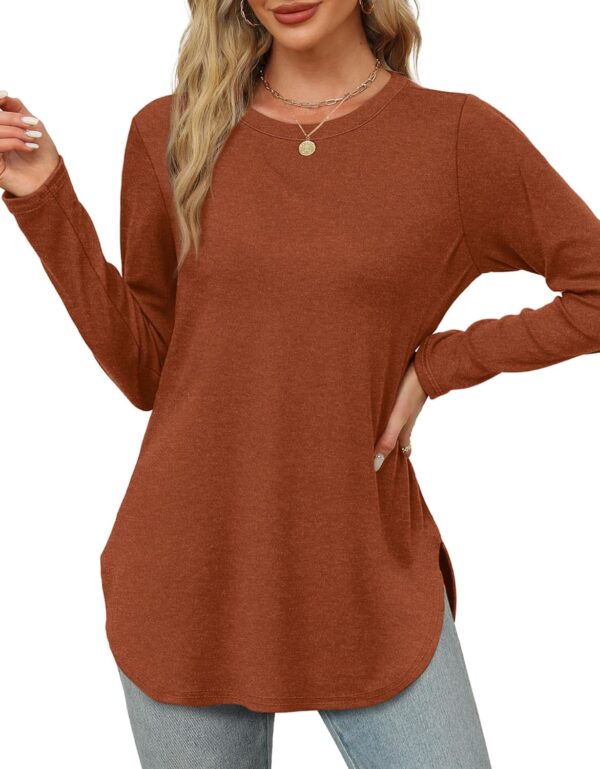 XIEERDUO Womens Long Sleeve Round Neck Shirts Side Split Basic Loose Tunic Tops Casual 2024