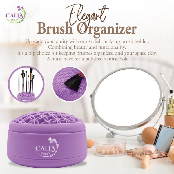 3 in 1 Silicone Makeup Brush Cleaner - Make up Brush Cleaner Mat with Makeup Brush Drying Rack & Brush Organizer, Silicone Washing Tool Cleaning Bowl for Beauty Cosmetic Brushes (Purple) - Image 2