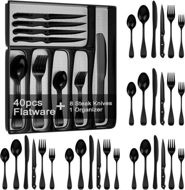 49-Piece Black Silverware Set with Drawer Organizer, Stainless Steel Cutlery for 8 with Matte Steak Knives, Forks, Spoons - Dishwasher Safe