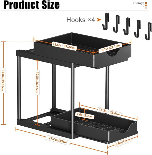 2 Pack Double Sliding Under Sink Organizers and Storage,Two Tier Bathroom Storage and organization,Under Cabinet Organizer with Hooks,Home Organization,Black - Image 3