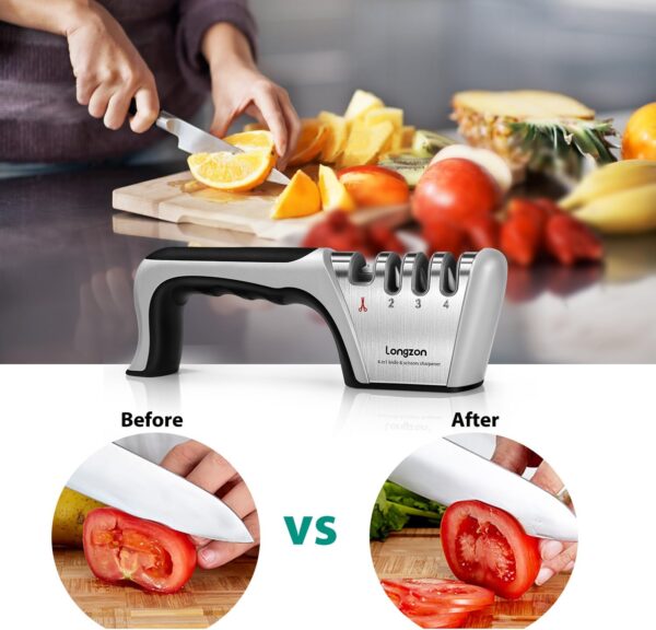 4-in-1 Knife Sharpener [4 stage] with a Pair of Cut-Resistant Glove, Original Premium Polish Blades, Best Kitchen Knife Sharpener Really Works for Fruit Knife and Steel Knives, Scissors. - Image 6