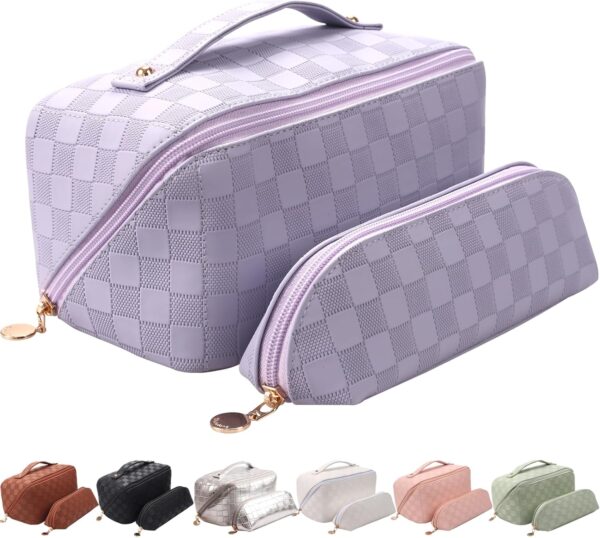 Abiudeng 2 piece Travel Makeup Bag,Large Capacity Cosmetic Bags Toiletry Bag for Travel Essentials,Waterproof Portable Pouch Open Flat Makeup bag Organizer with Divider and Handle(Purple Grid)