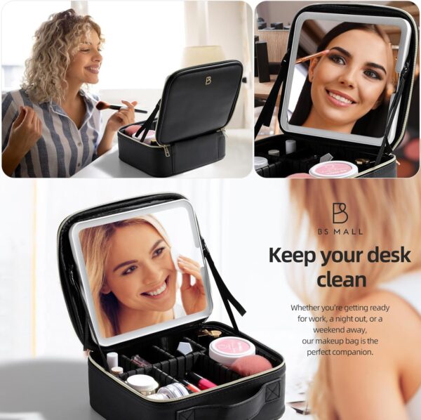 BS-MALL Makeup LED Case Makeup Brush Holder With LED Mirror Makeup Tool Organizer Bag Makeup Brush Bag with Shoulder - Image 5