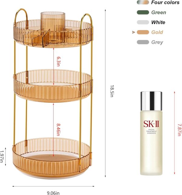 360 Rotating Makeup Organizer, Large Capacity Perfume Organizer for Dresser, Bathroom Counter Organizer with Makeup Brush Holder, Fits Vanity, Bedroom, Bathroom Countertop (3 Tiers, Gold) - Image 4