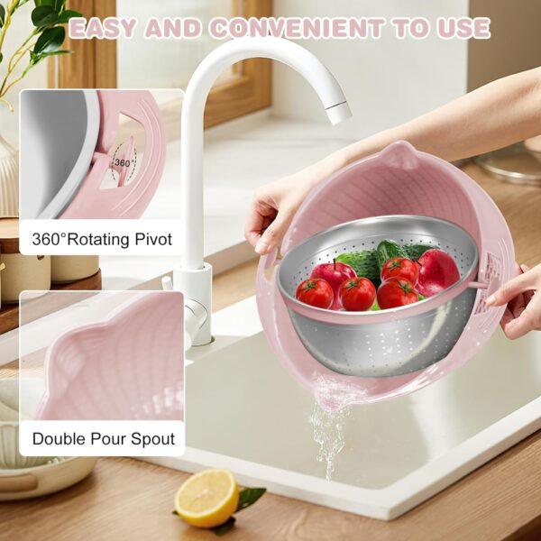 4 in 1 Colander with Mixing Bowl Set, Double-Layer Rotatable Colander Drain Basket with Lid and Slicer, Fruit Cleaner, Vegetable Washing, Rice Rinser Strainer for Homes Kitchen (Pink) - Image 4