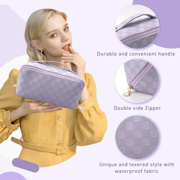 Abiudeng 2 piece Travel Makeup Bag,Large Capacity Cosmetic Bags Toiletry Bag for Travel Essentials,Waterproof Portable Pouch Open Flat Makeup bag Organizer with Divider and Handle(Purple Grid) - Image 5