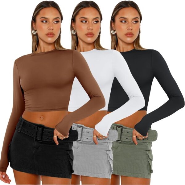 AUTOMET 3 Pack Womens Long Sleeve Shirts Y2K Going Out Crop Tops Cute Basic Slim Fitted Fall Fashion Outfits 2024 Clothes - Image 2