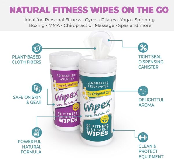 Wipex Fitness Equipment Wipes - Original Natural Plant Based Gym Wipes for Equipment, Clean Surfaces at Home or Gym, Use as a Yoga Mat Cleaner, Lemongrass, Eucalyptus & Vinegar, 50 Count (Pack of 1) - Image 2