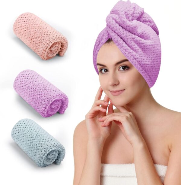 3 PCS Microfiber Hair Towel, Hair Wraps for Women Wet Hair, Fast Drying Hair Turban, Anti Frizz Head Towels Wrap for Curly Hair (Purple, Pink, Blue)