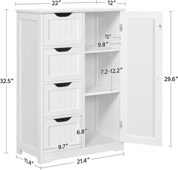 Yaheetech Wooden Floor Cabinet, Side Storage Organizer with 4 Drawers and 1 Cupboard, Freestanding Entryway Storage Unit Console Table, Bathroom Furniture Home Decor, White - Image 3