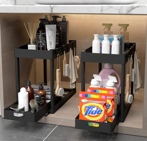 2PC Under Sink Organizer Rack 2 Tier Under Sliding Cabinet Basket Organizer Drawer with 4 Hooks, Multi-purpose Under Sink Storage for Bathroom Kitchen Desktop（Black） - Image 8