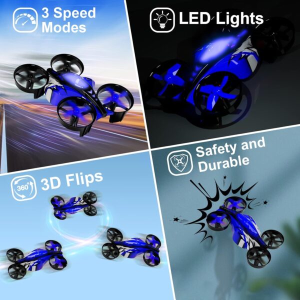 2 In 1 Mini Drones for Kids Remote Control Drone with Land Mode or Fly Mode, LED Lights,Auto Hovering, 3D Flip,Headless Mode and 3 Batteries,Toys Gifts for Boys Girls (Blue) - Image 4