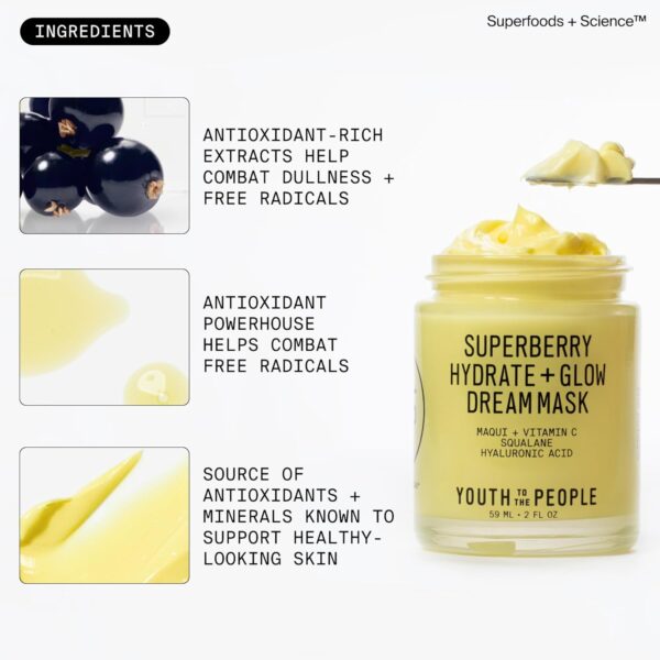 Youth To The People Superberry Glow Dream Mask - Brightening Overnight Face Mask + Hyaluronic Acid Night Moisturizer with Vitamin C & Squalane Oil for Even Skin Tone - Clean, Vegan Skincare - Image 7