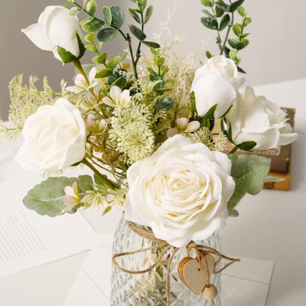 YJ Fake Flowers with Vase, Silk Roses Artificial Flowers in Vase, Faux Flower Arrangement with Vase Suitable for Home Office Decoration, Dining Table Centerpiece(White) - Image 5