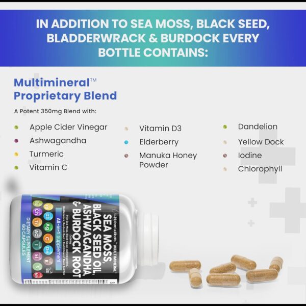 Sea Moss 3000mg Black Seed Oil 2000mg Ashwagandha 1000mg Turmeric 1000mg Bladderwrack 1000mg Burdock 1000mg & Vitamin C & D3 with Elderberry Manuka Dandelion Yellow Dock Iodine Chlorophyll ACV - Image 6