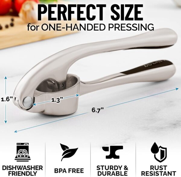 Zulay Kitchen Premium Garlic Press Set - Rust Proof & Dishwasher Safe Professional Garlic Mincer Tool - Easy-Squeeze, Easy-Clean with Soft, Ergonomic Handle - Silicone Garlic Peeler & Brush (Silver) - Image 3