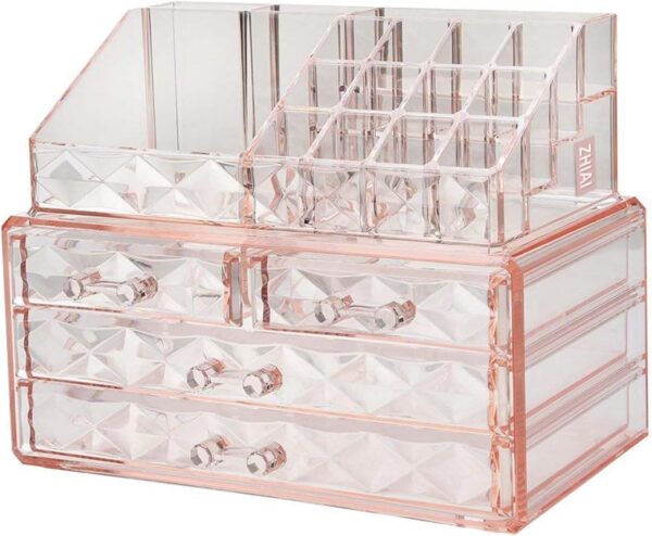 ZHIAI Makeup Organizer, Makeup Storage Organizer with Drawers, Easy Storage for Beauty Products Brushes 14 lipstick Compartments Cosmetic Display Cases for Dressers, Bathrooms and Jewelry Organizers - Image 4