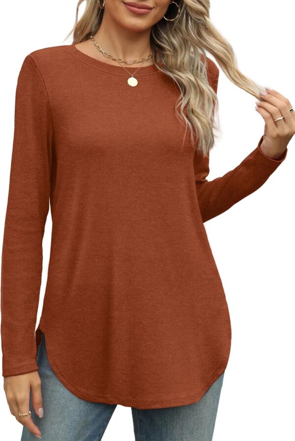 XIEERDUO Womens Long Sleeve Round Neck Shirts Side Split Basic Loose Tunic Tops Casual 2024 - Image 2