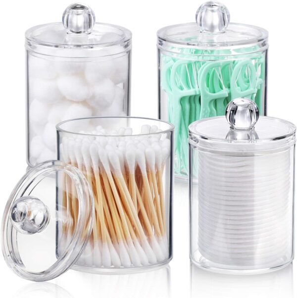 4 Pack Qtip Holder Dispenser for Cotton Swabs, Balls, Cotton Pads, Floss Picks - Small Clear Plastic Canister Apothecary Jar Set, Bathroom Essentials Accessories Decor, Vanity Makeup Storage Organizer