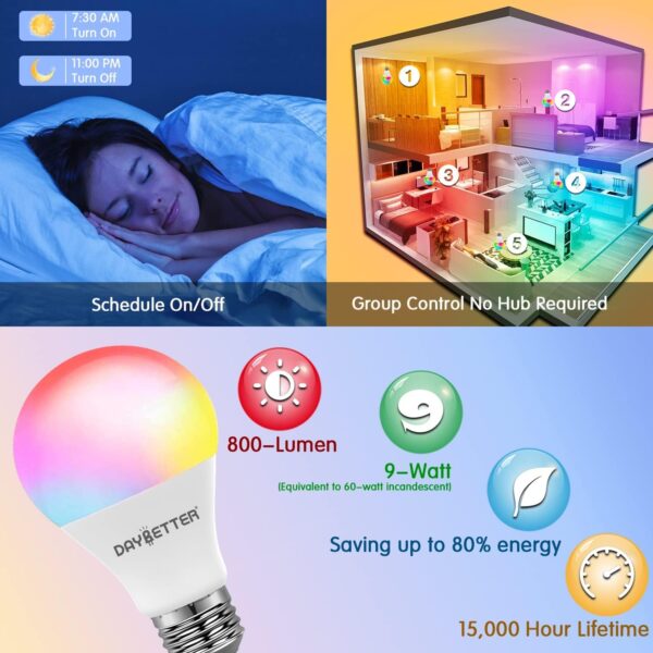 DAYBETTER Smart Light Bulbs, Alexa Light Bulb, WiFi Light Bulbs, RGBCW Color Changing Light Bulb A19 9W 800LM, Smart Bulbs that Work with Alexa & Google Assistant, 2.4Ghz only, No Hub Required,10 Pack - Image 4