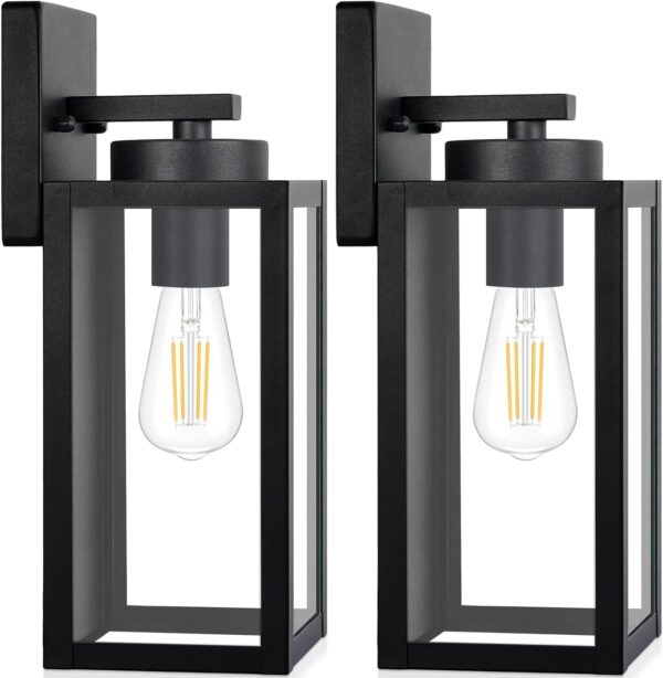 Outdoor Wall Light Fixtures, Exterior Waterproof Lanterns, Porch Sconces Wall Mounted Lighting with E26 Sockets & Glass Shades, Modern Matte Black Wall Lamps for Patio Front Door Entryway, 2-Pack - Image 8